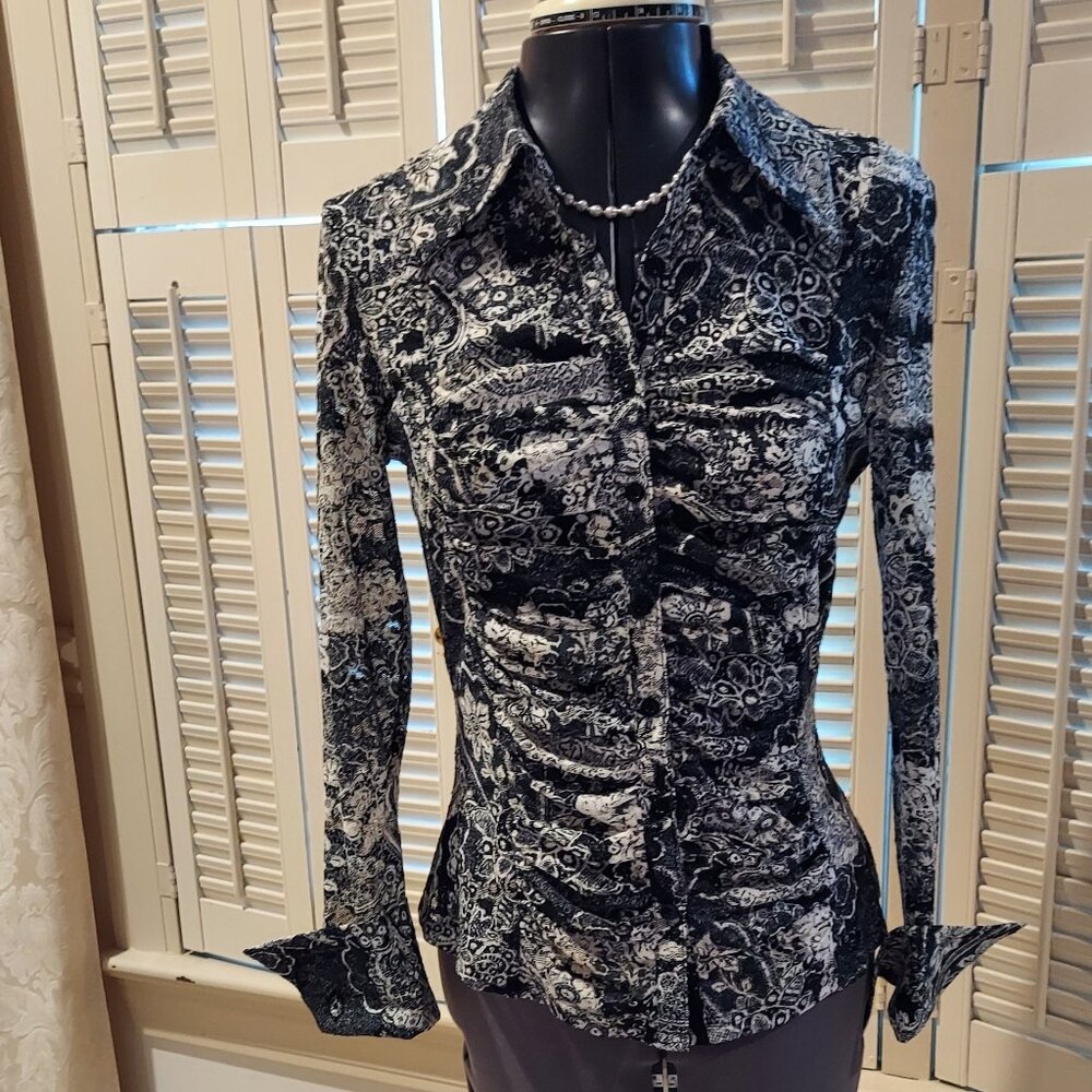 Tribal Black & White Stretch Fine Net Ruched & Collared Blouse Size 6